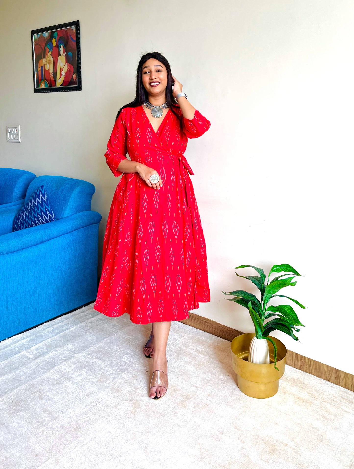 Crimson Ikat Wrap Dress