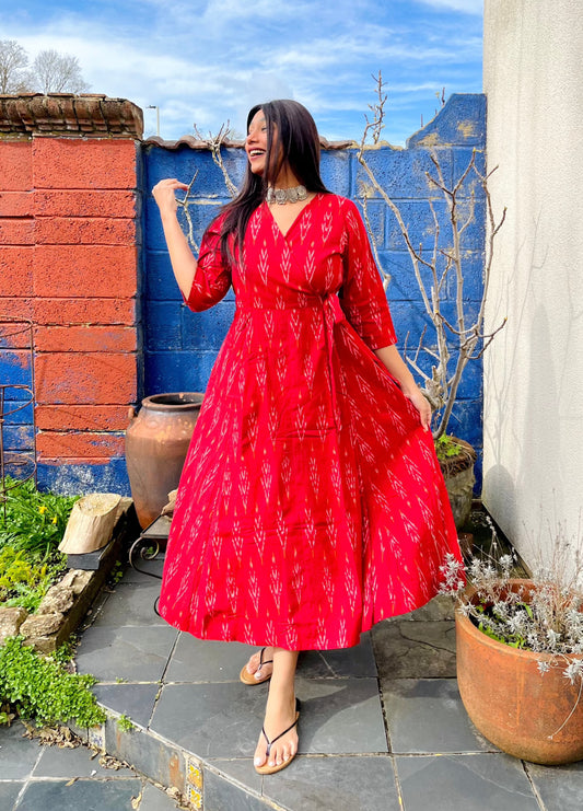 Crimson Ikat Wrap Dress