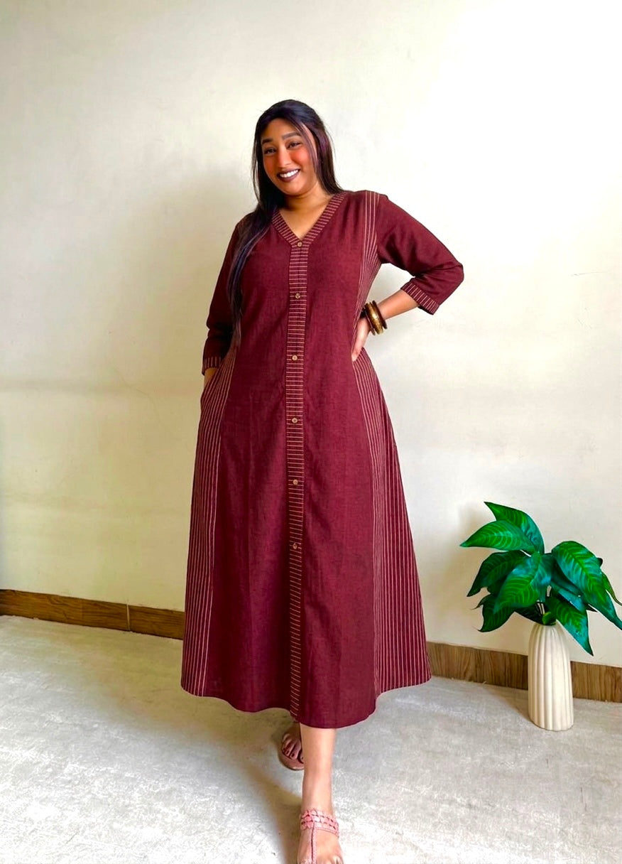 Maroon A-line Patchwork Dress