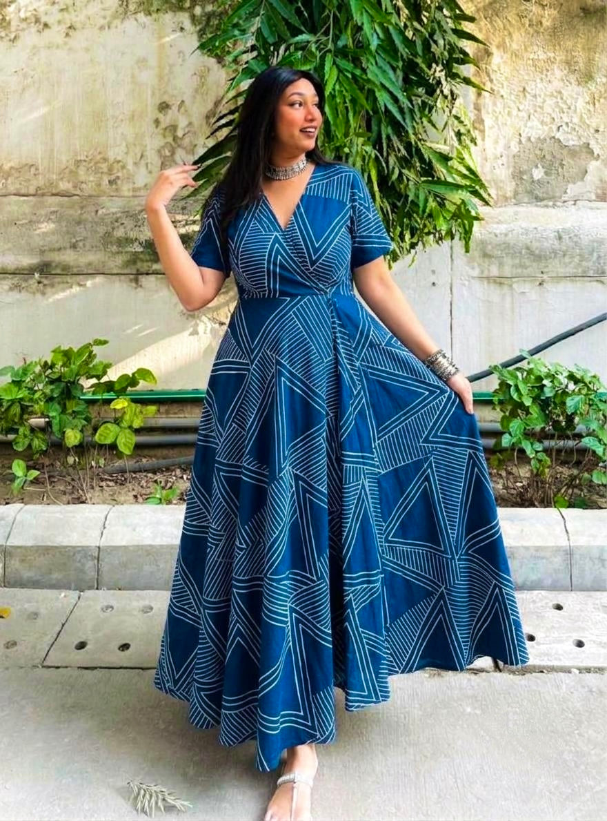 Indigo Hand Block Wrap Dress