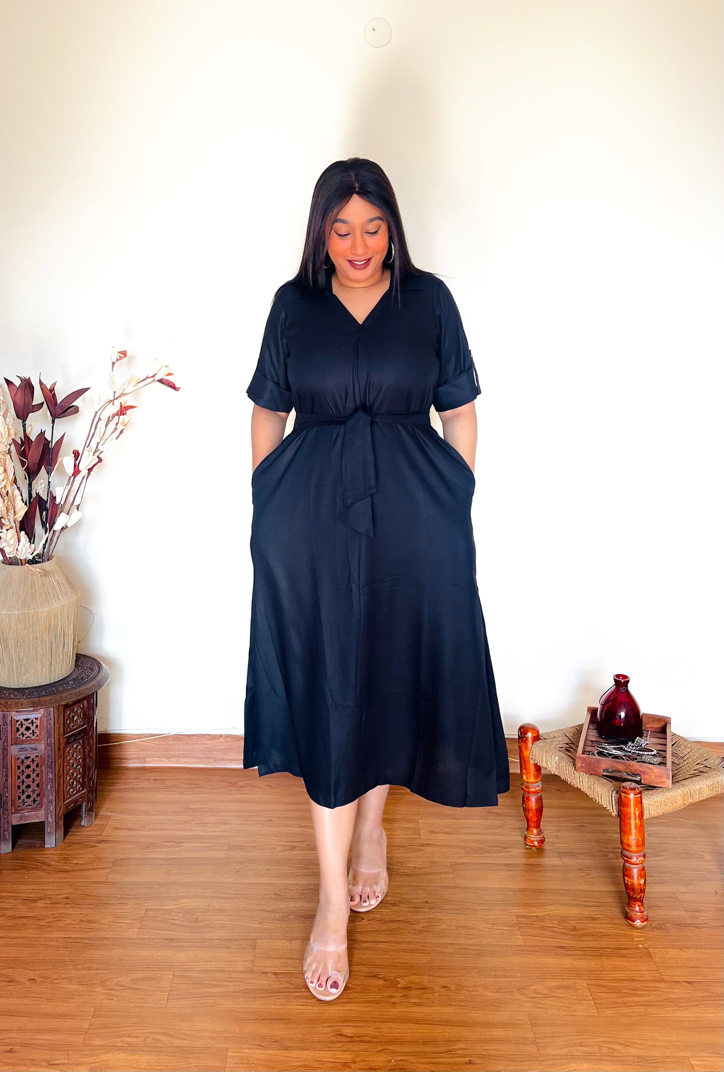 Black Rayon Midi Dress (S)