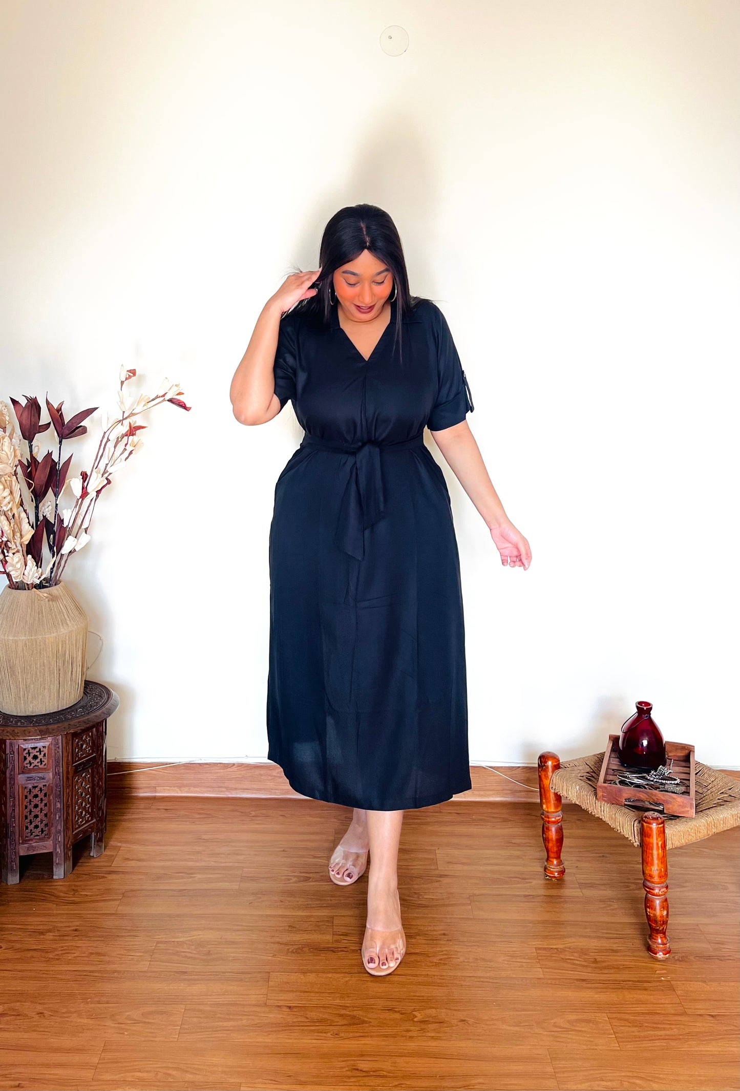 Black Rayon Midi Dress (S)
