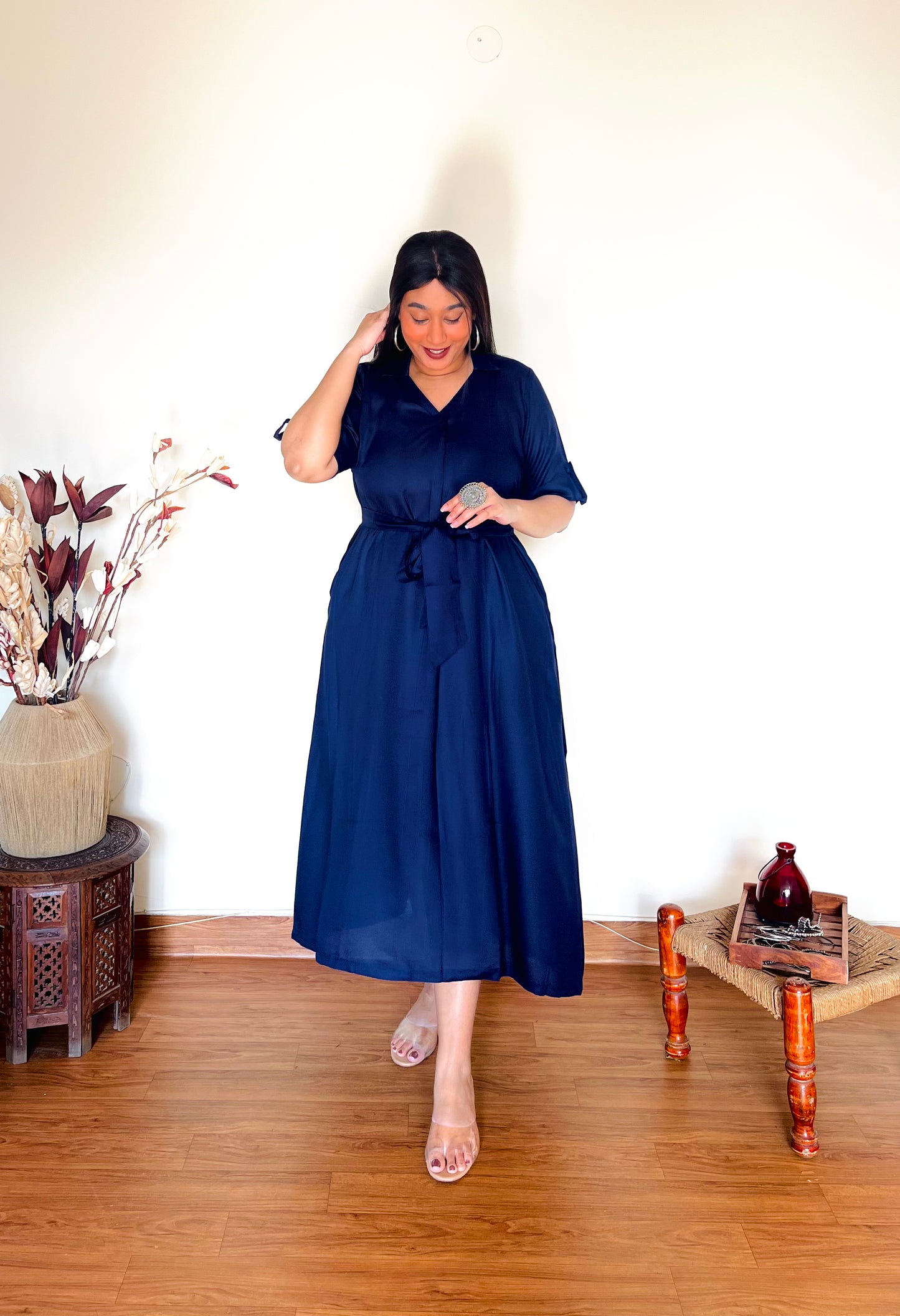 Navy Blue Rayon Midi Dress (S)
