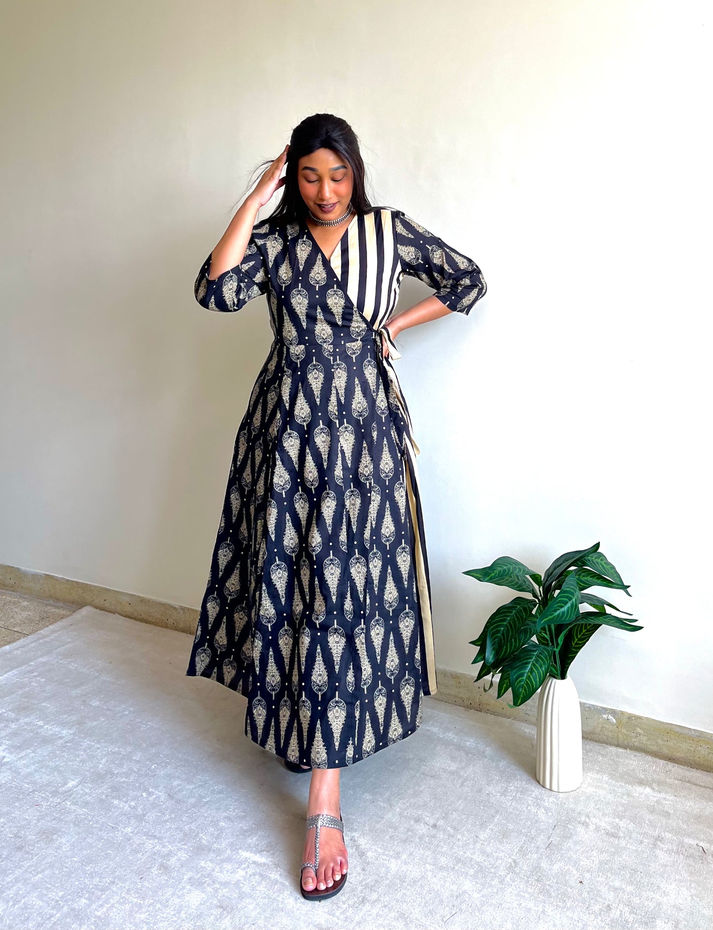 Black Leaf Half & Half Wrap Dress