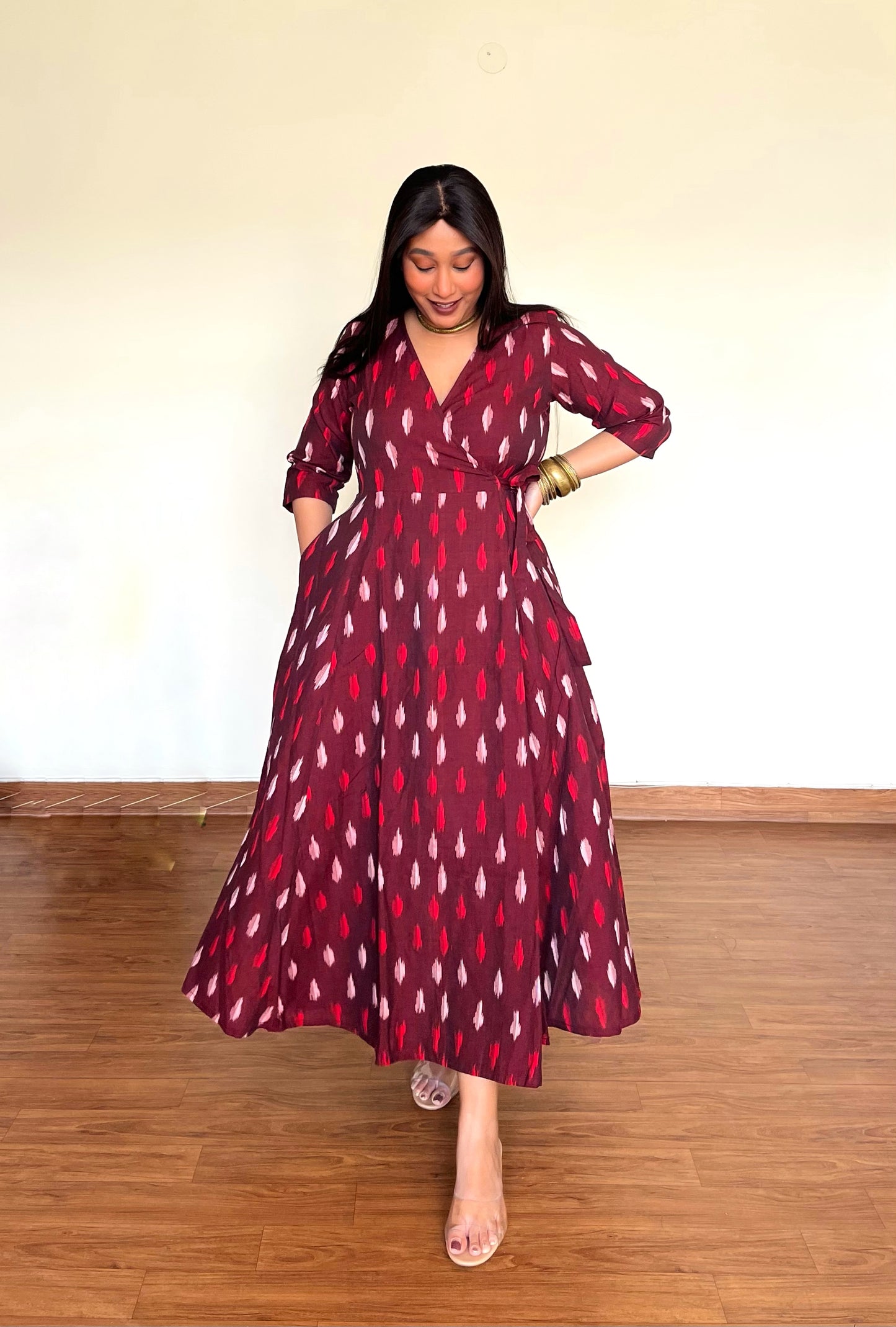 Deep Maroon Ikkat Wrap Dress