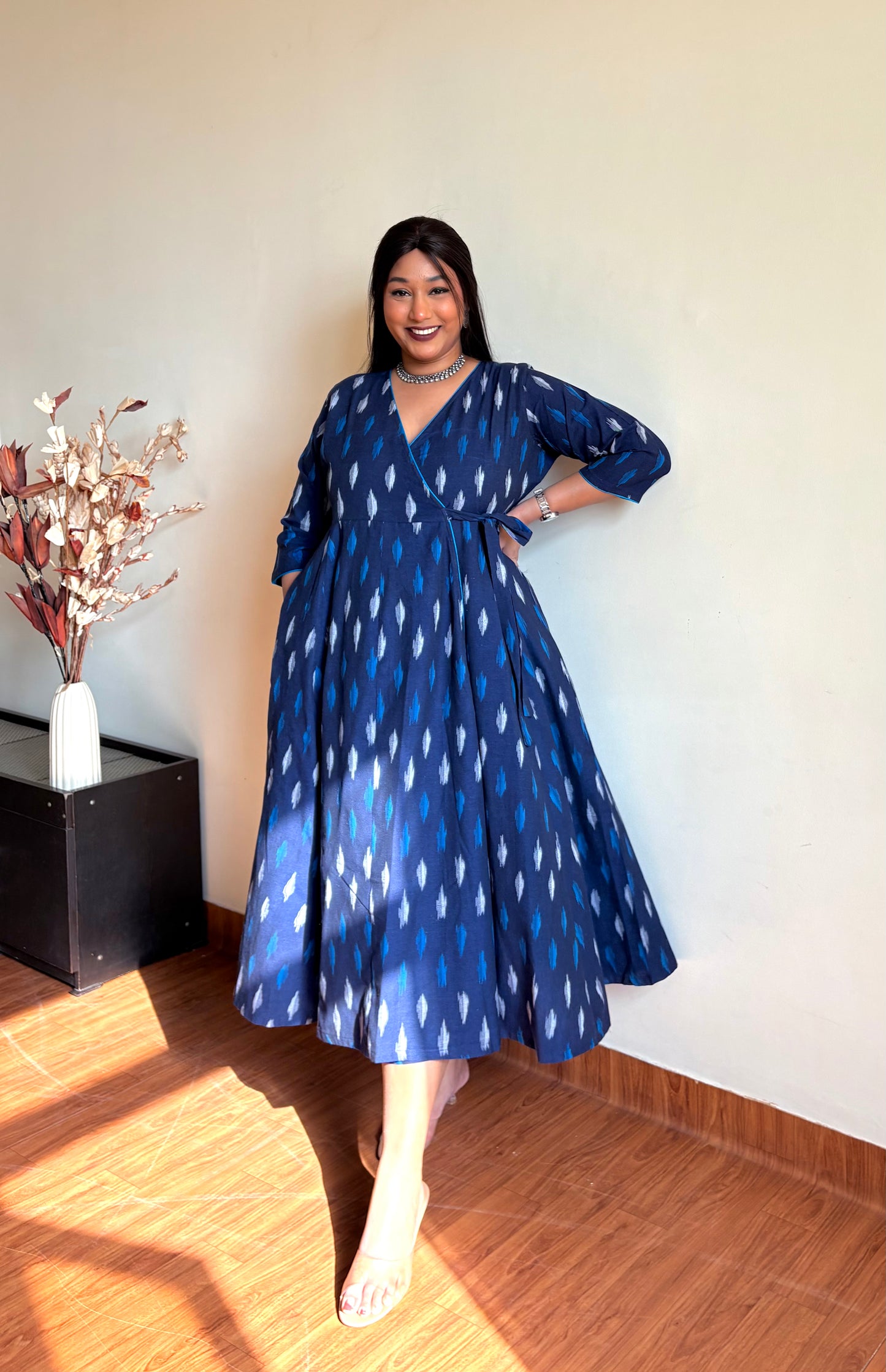 Farah Blue Ikkat Wrap Dress