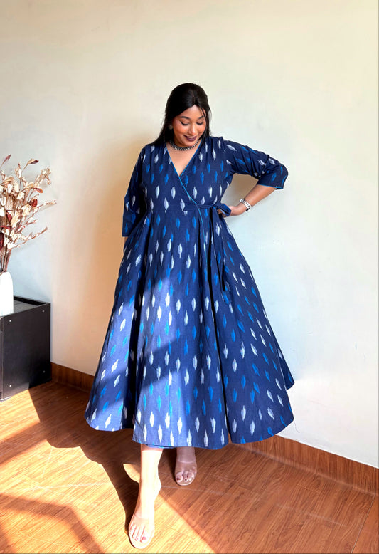 Farah Blue Ikkat Wrap Dress