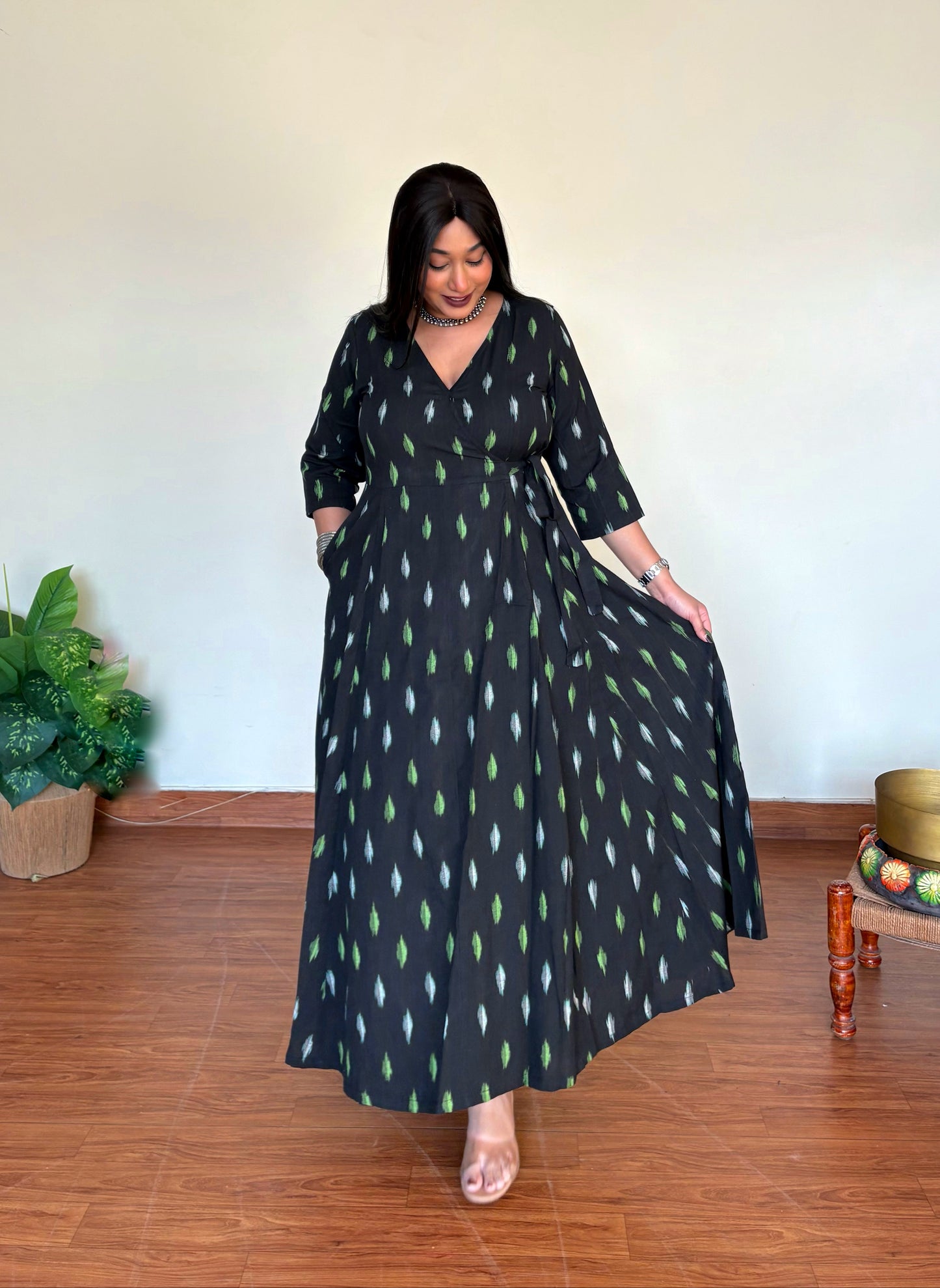 Midnight Bloom Ikkat Wrap Dress