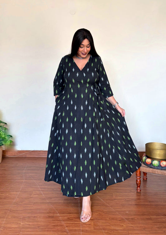 Midnight Bloom Ikkat Wrap Dress