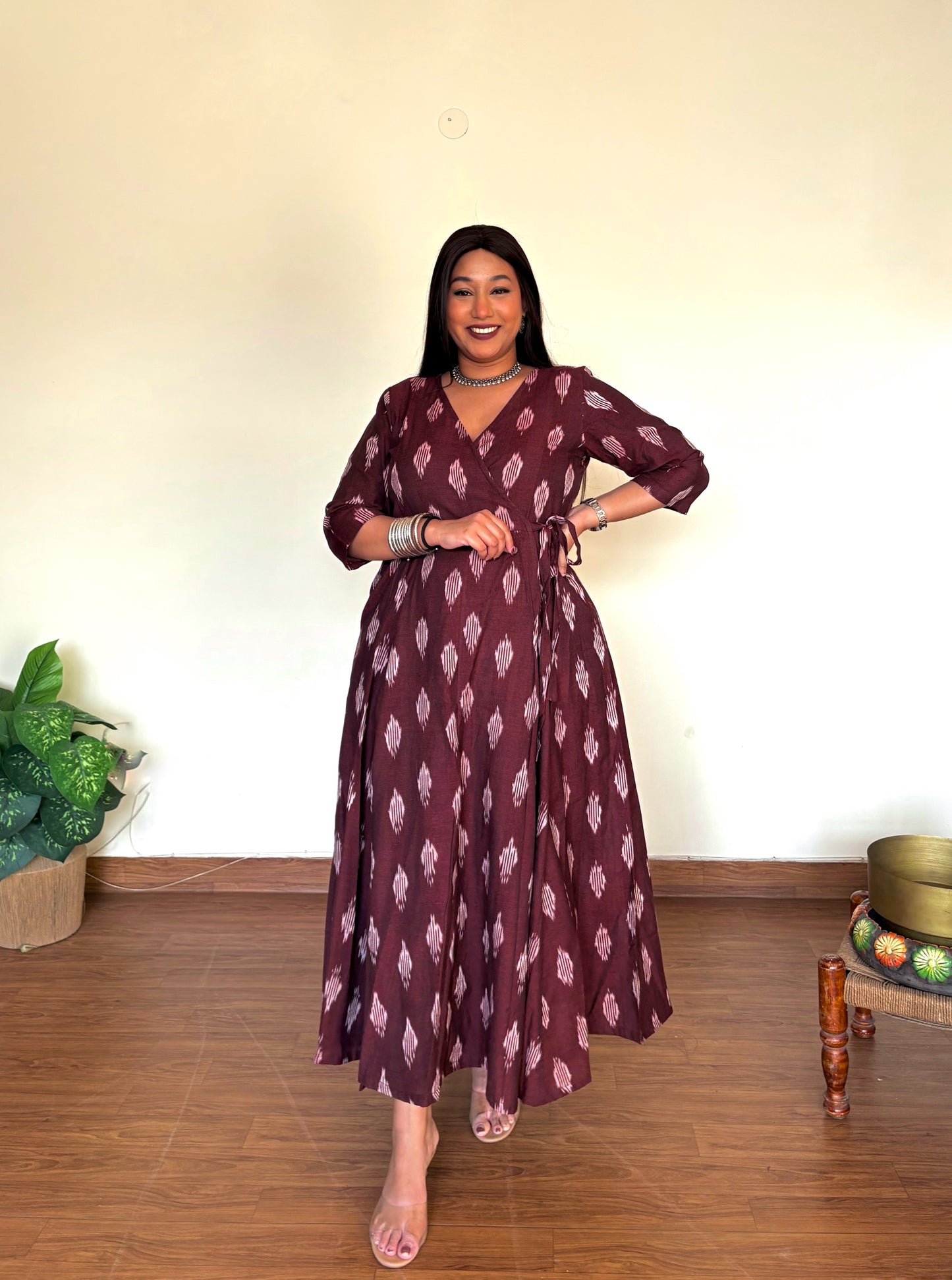 Mulberry Maroon Ikkat Wrap Dress
