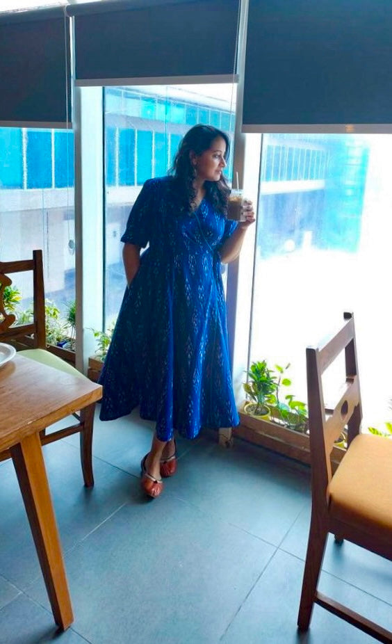 Navy Ikkat Hand Woven Wrap Dress