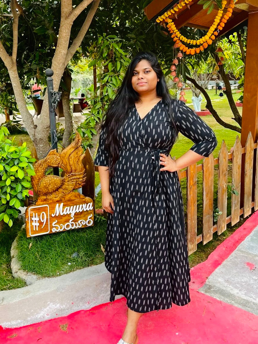 Black Equal Ikkat Wrap Dress