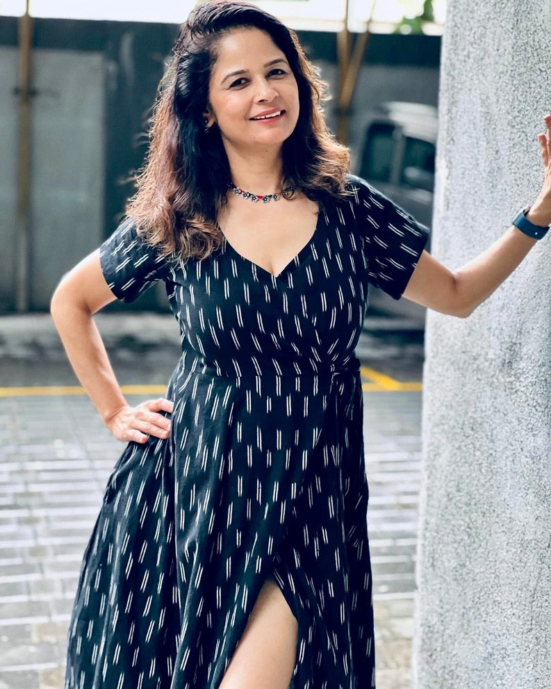 Black Equal Ikkat Wrap Dress