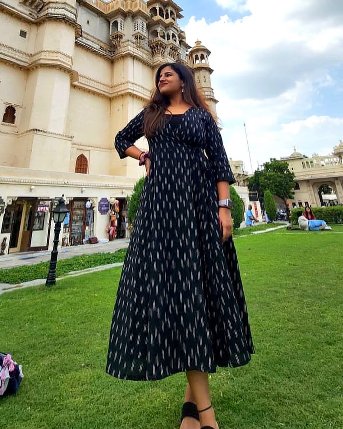 Black Equal Ikkat Wrap Dress
