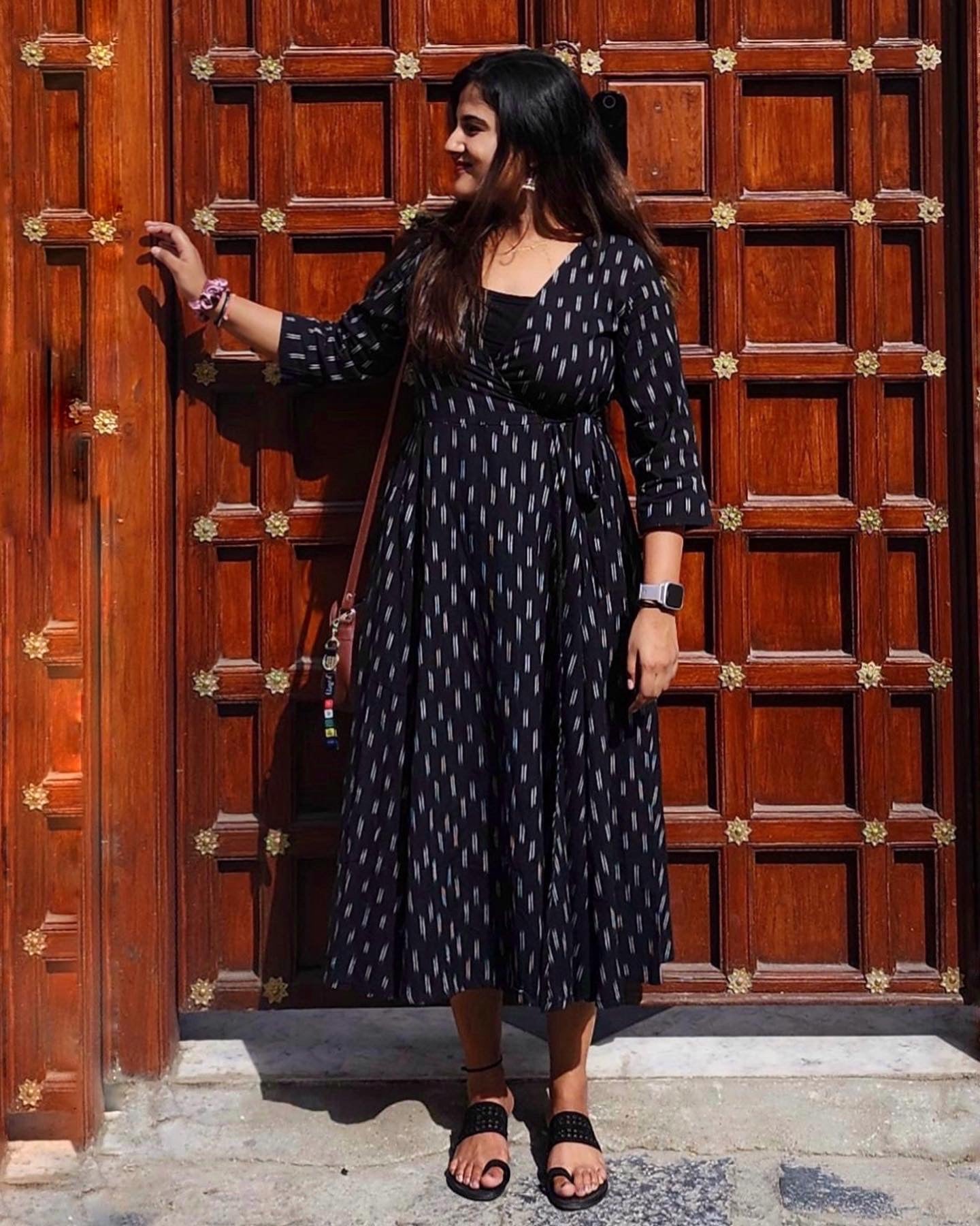 Black Equal Ikkat Wrap Dress