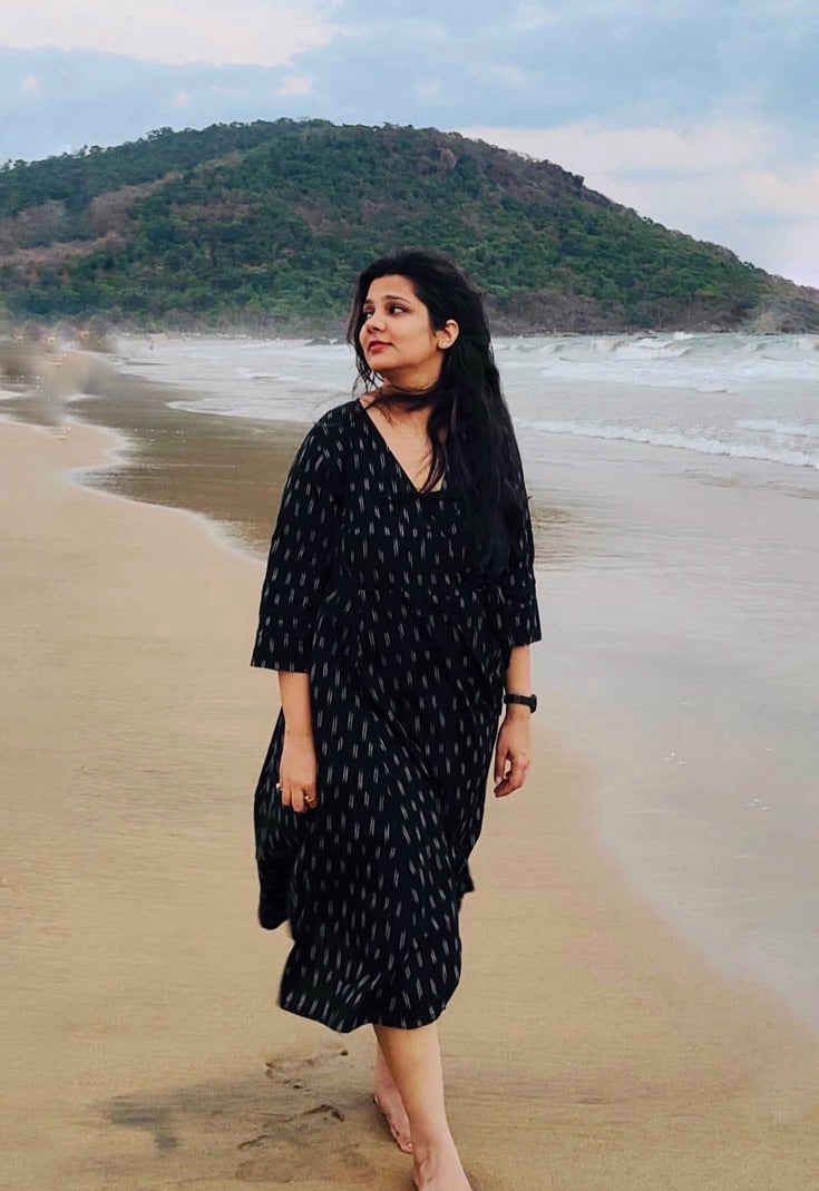 Black Equal Ikkat Wrap Dress