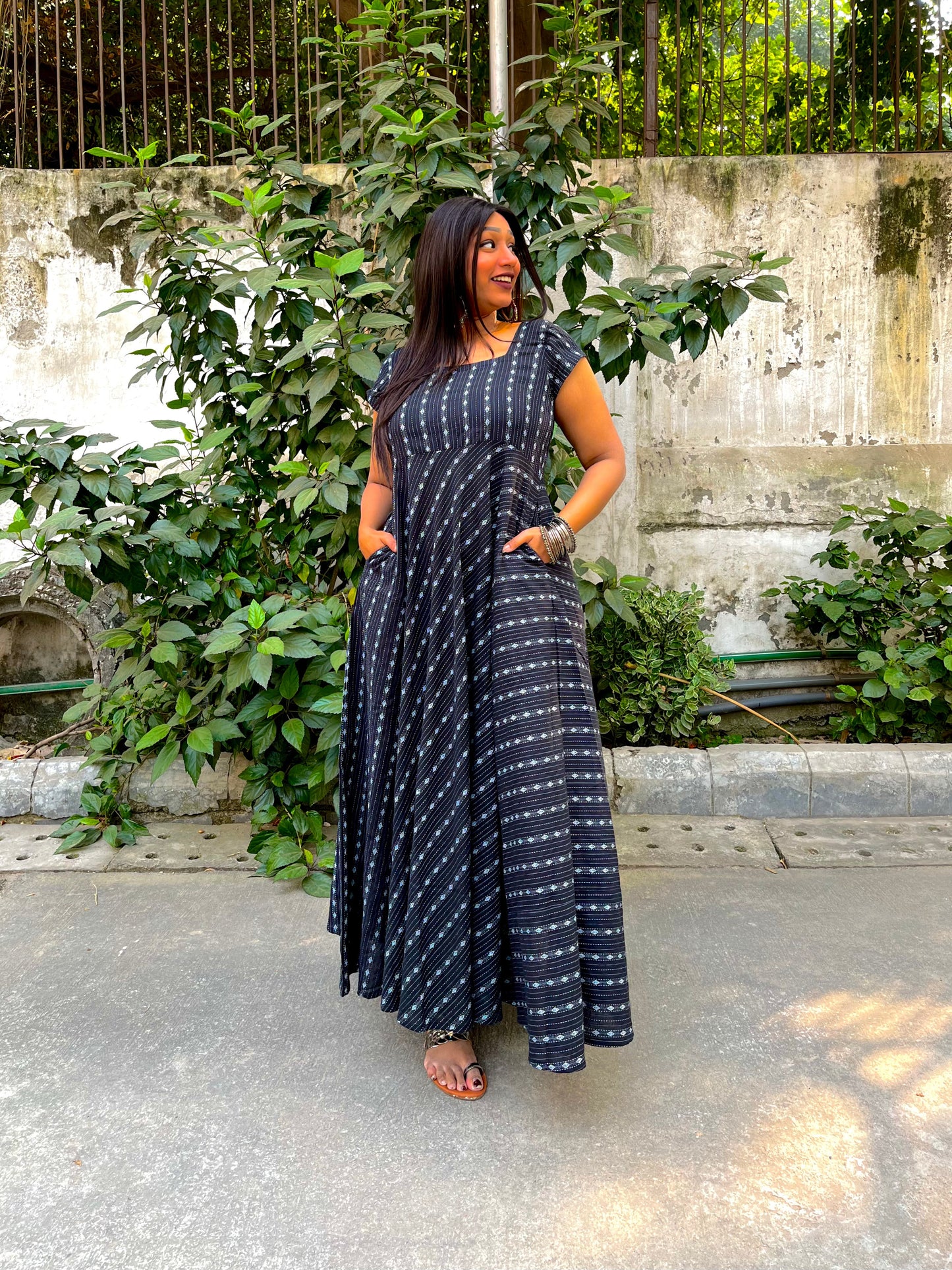 Black Kantha Flare Dress