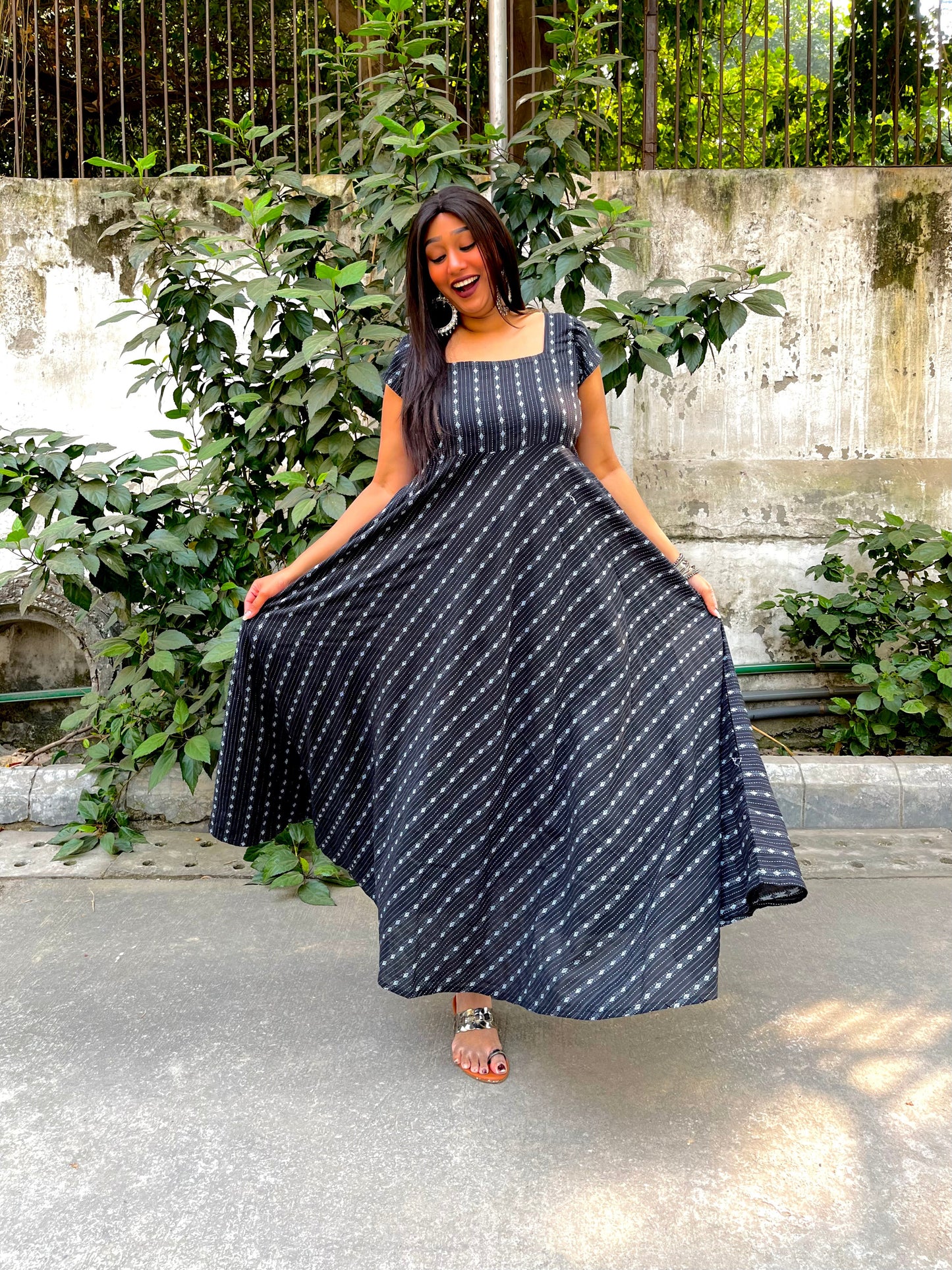 Black Kantha Flare Dress