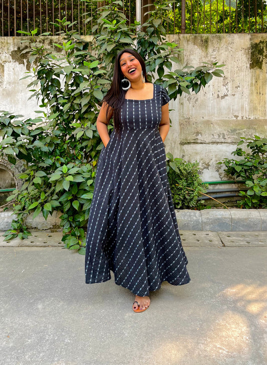 Black Kantha Flare Dress