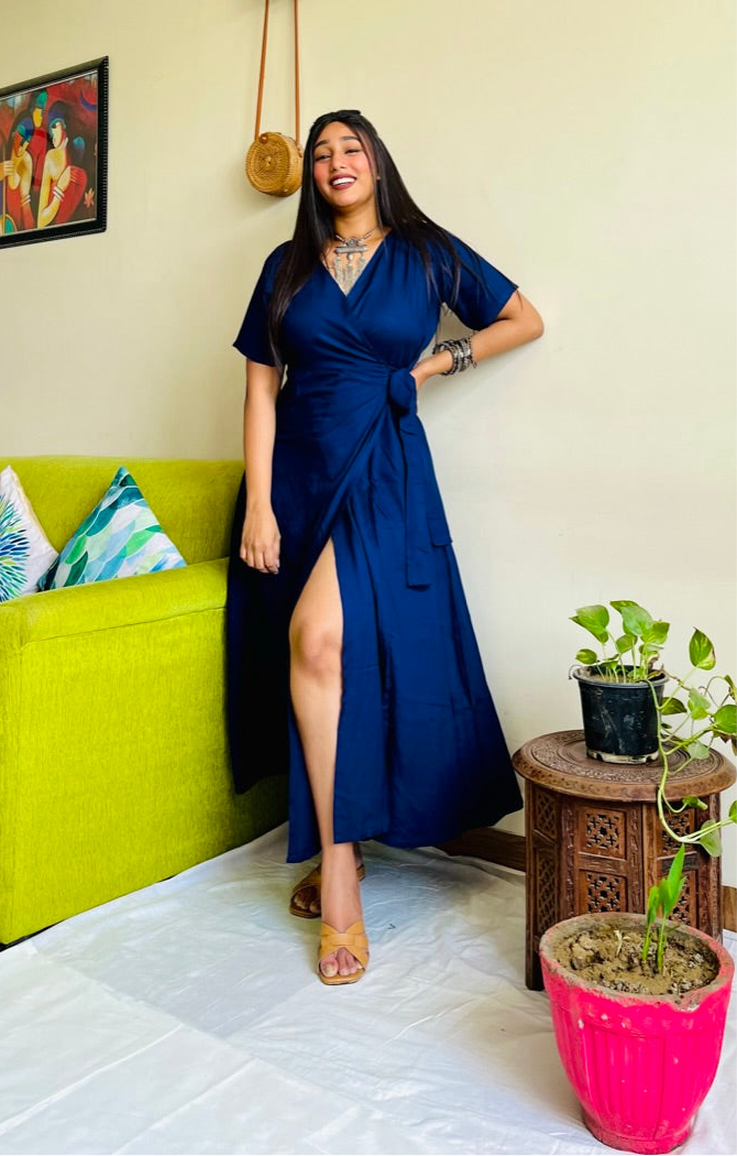 Navy Blue Rayon Wrap Dress