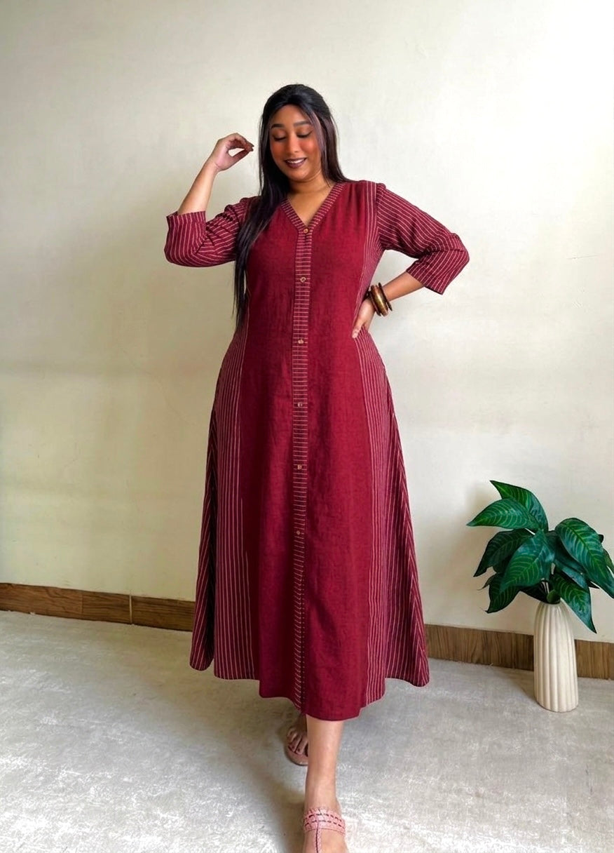 Maroon A-line Patchwork Dress