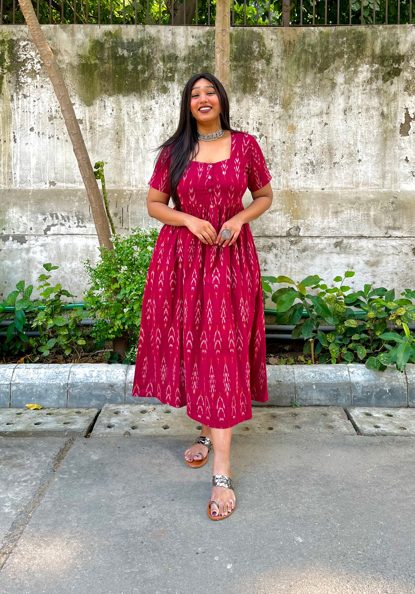 Inaya Maroon Ikat Maxi Dress