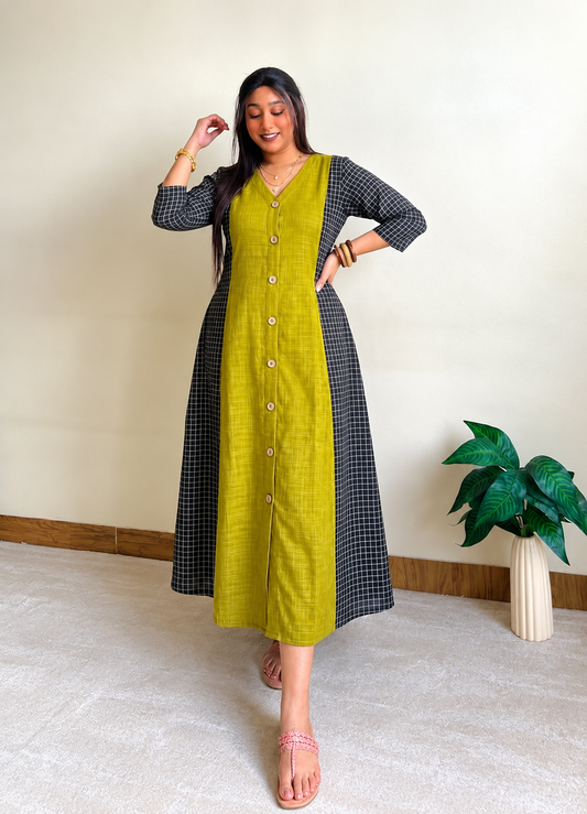 Lime A-line Patchwork Dress