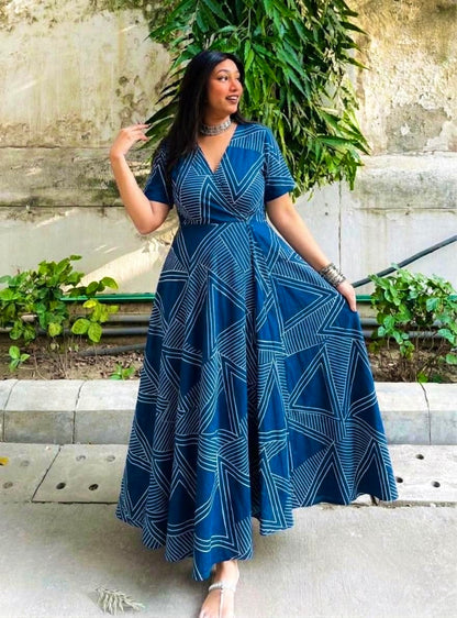 Indigo Hand Block Wrap Dress