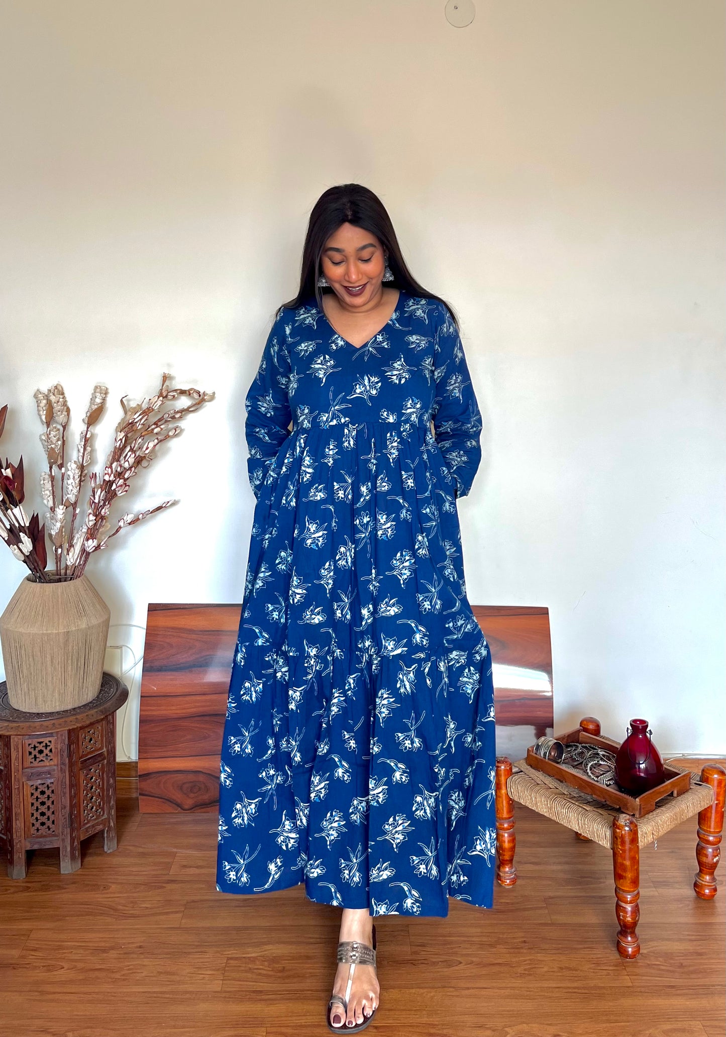 Indigo Floral Tier Dress (S)