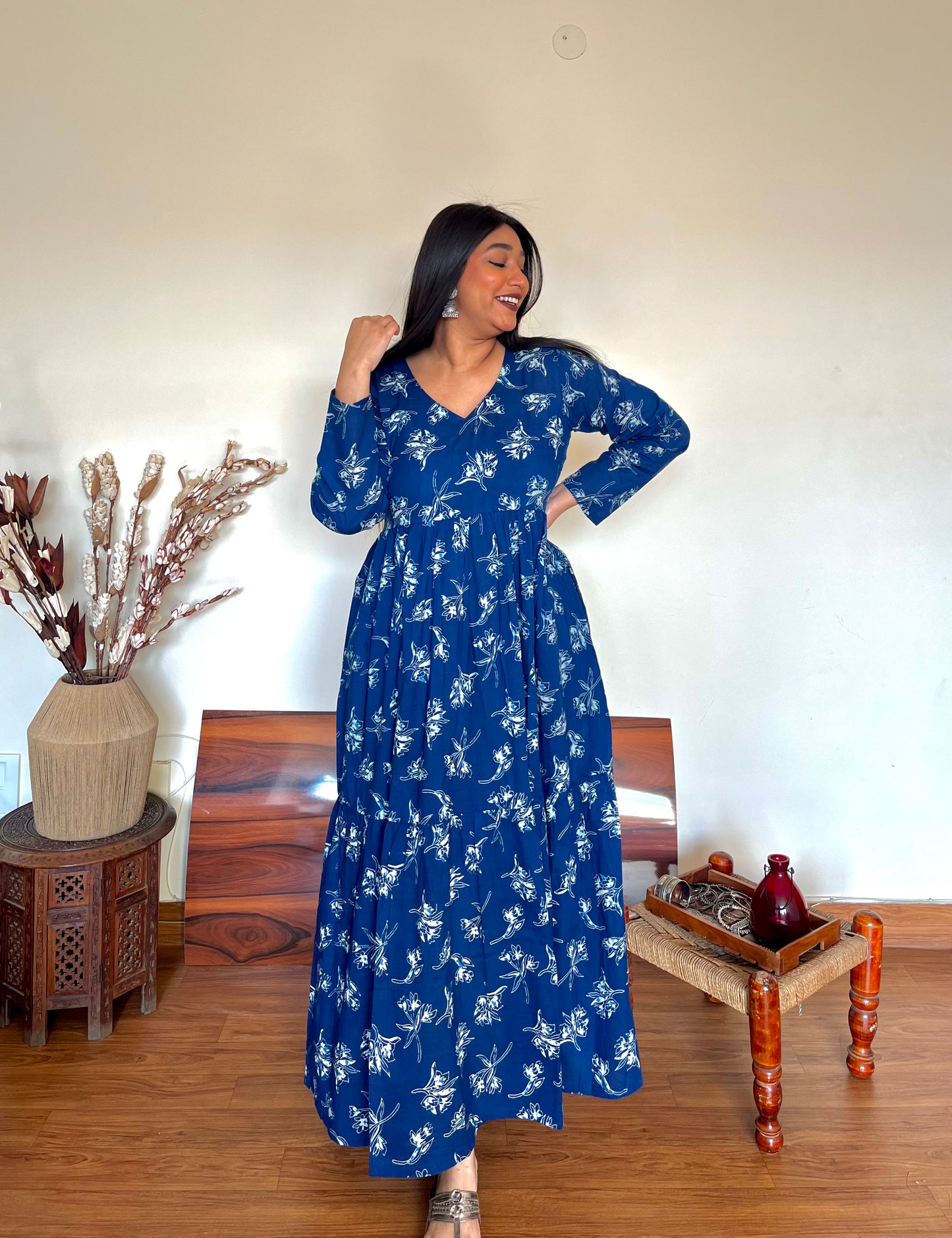 Indigo Floral Tier Dress (S)