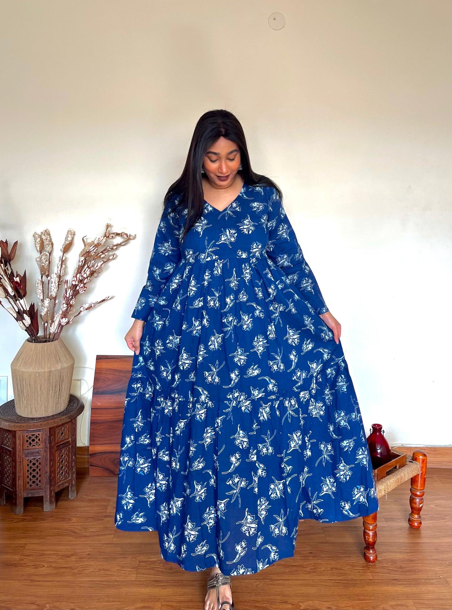 Indigo Floral Tier Dress (S)