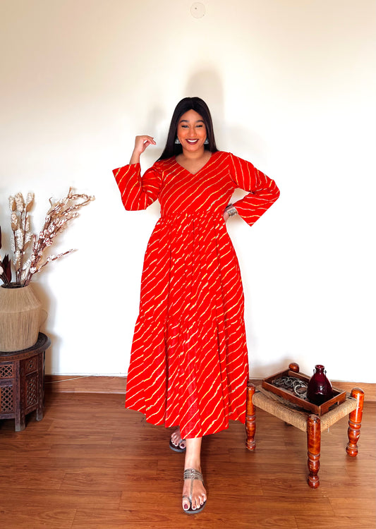 Red Leheriya Tier Dress (S)