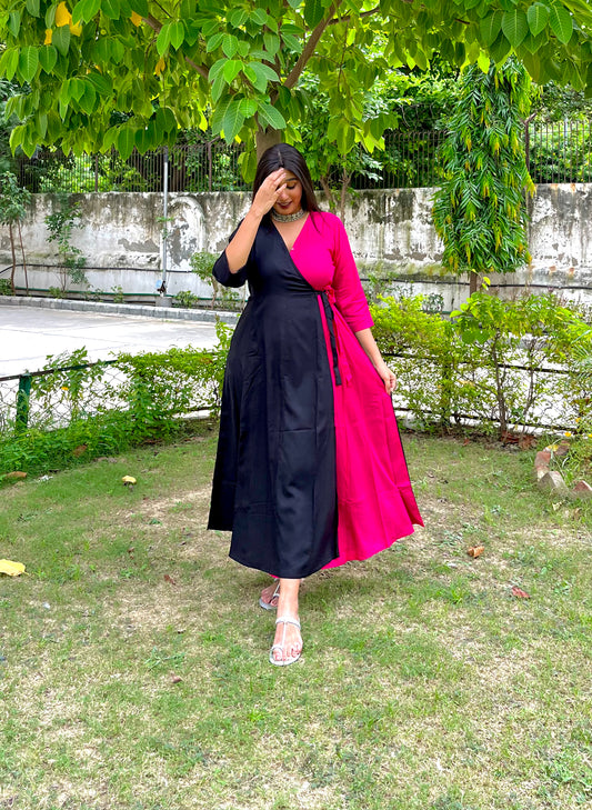 Black Pink Rayon Wrap Dress
