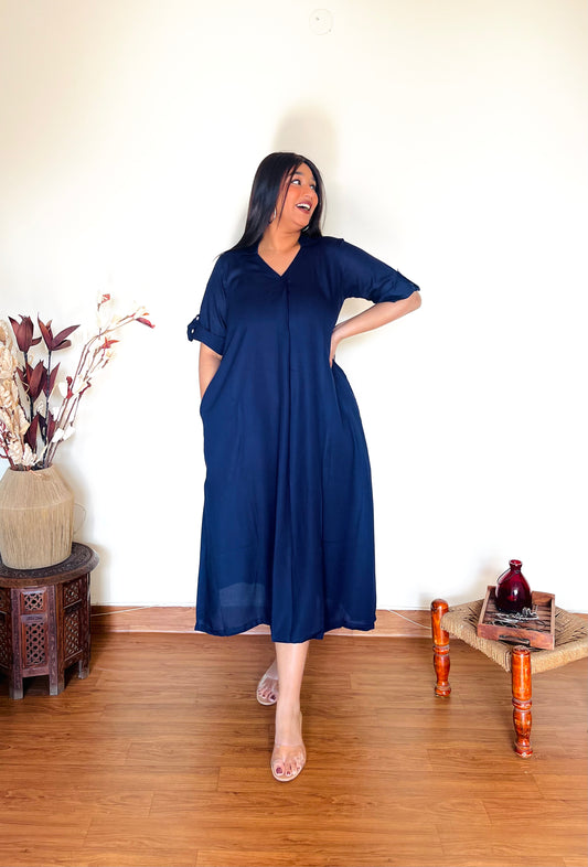 Navy Blue Rayon Midi Dress (S)