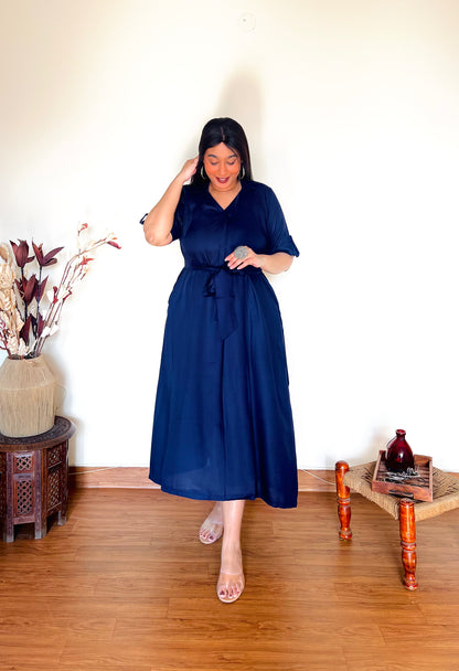 Navy Blue Rayon Midi Dress (S)