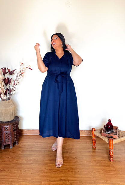 Navy Blue Rayon Midi Dress (S)