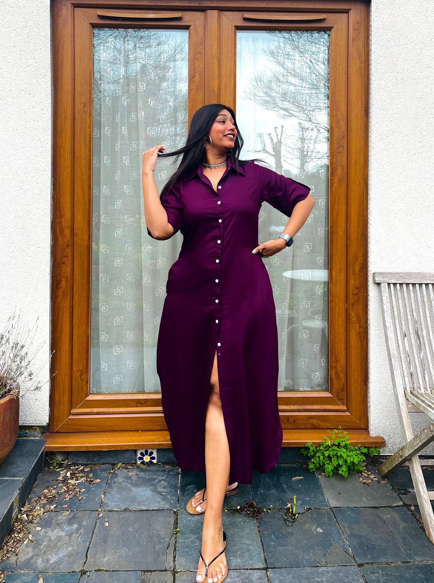 Burgundy Rayon Button Down Shirt Dress