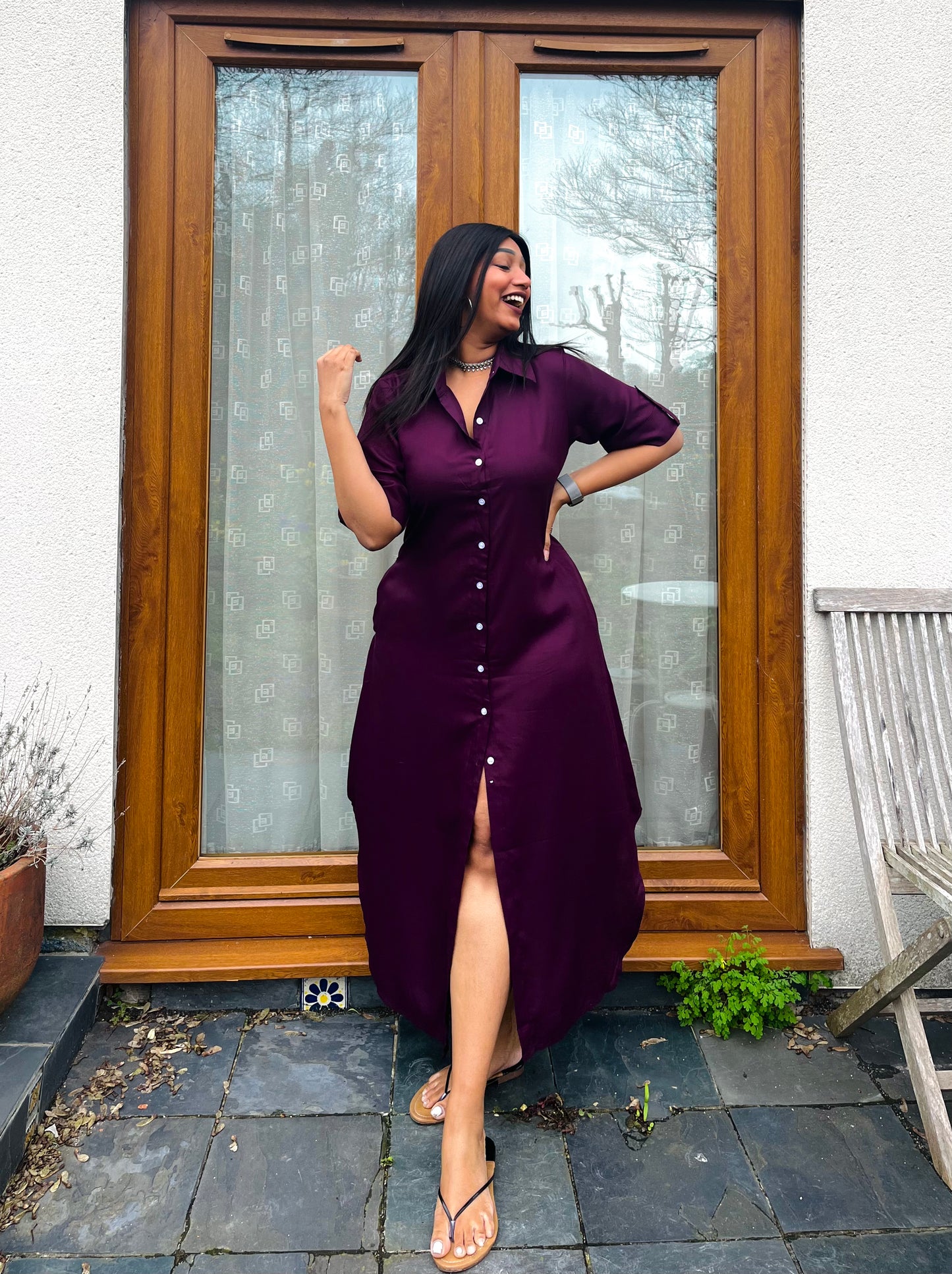 Burgundy Rayon Button Down Shirt Dress