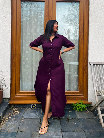 Burgundy Rayon Button Down Shirt Dress