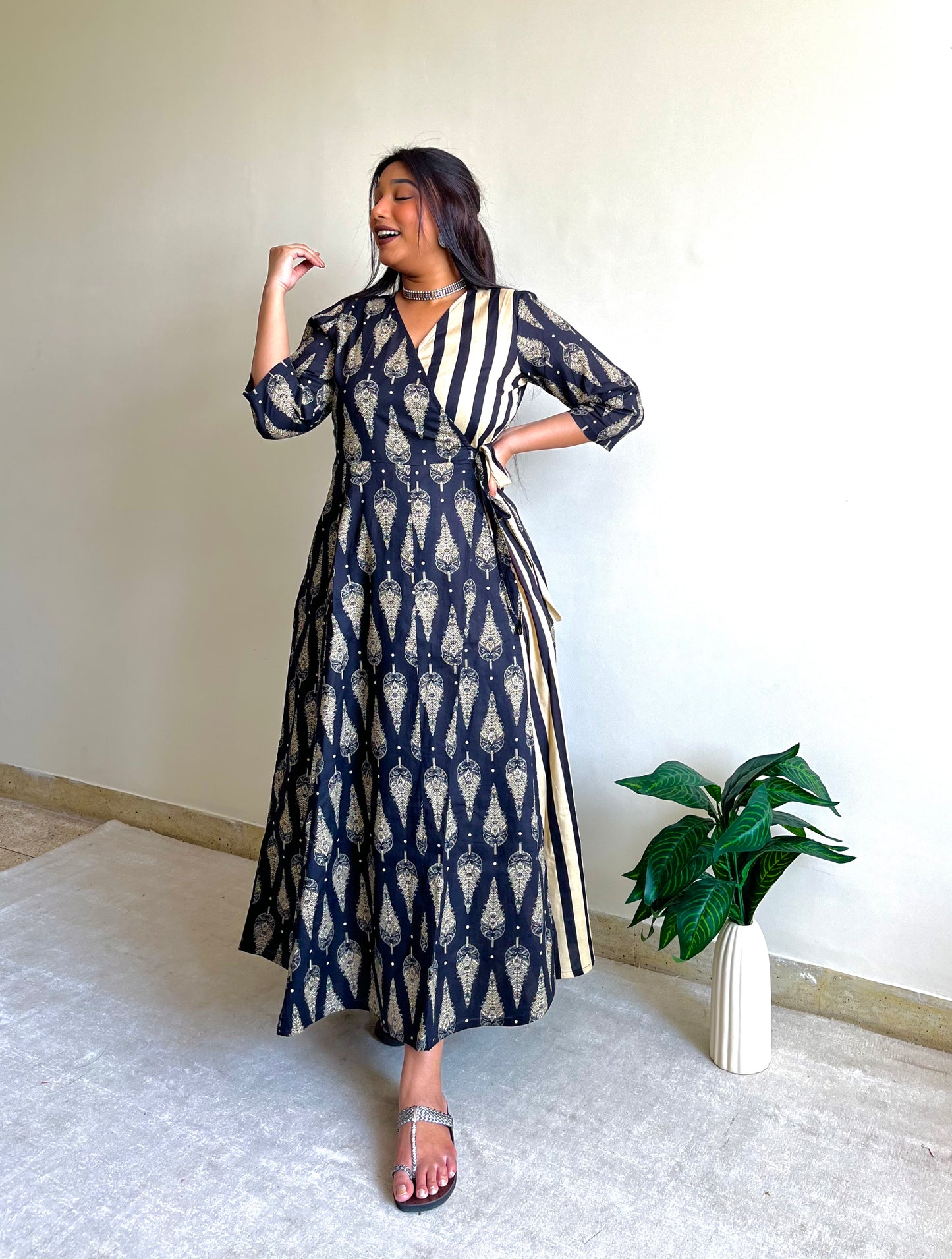 Black Leaf Half & Half Wrap Dress