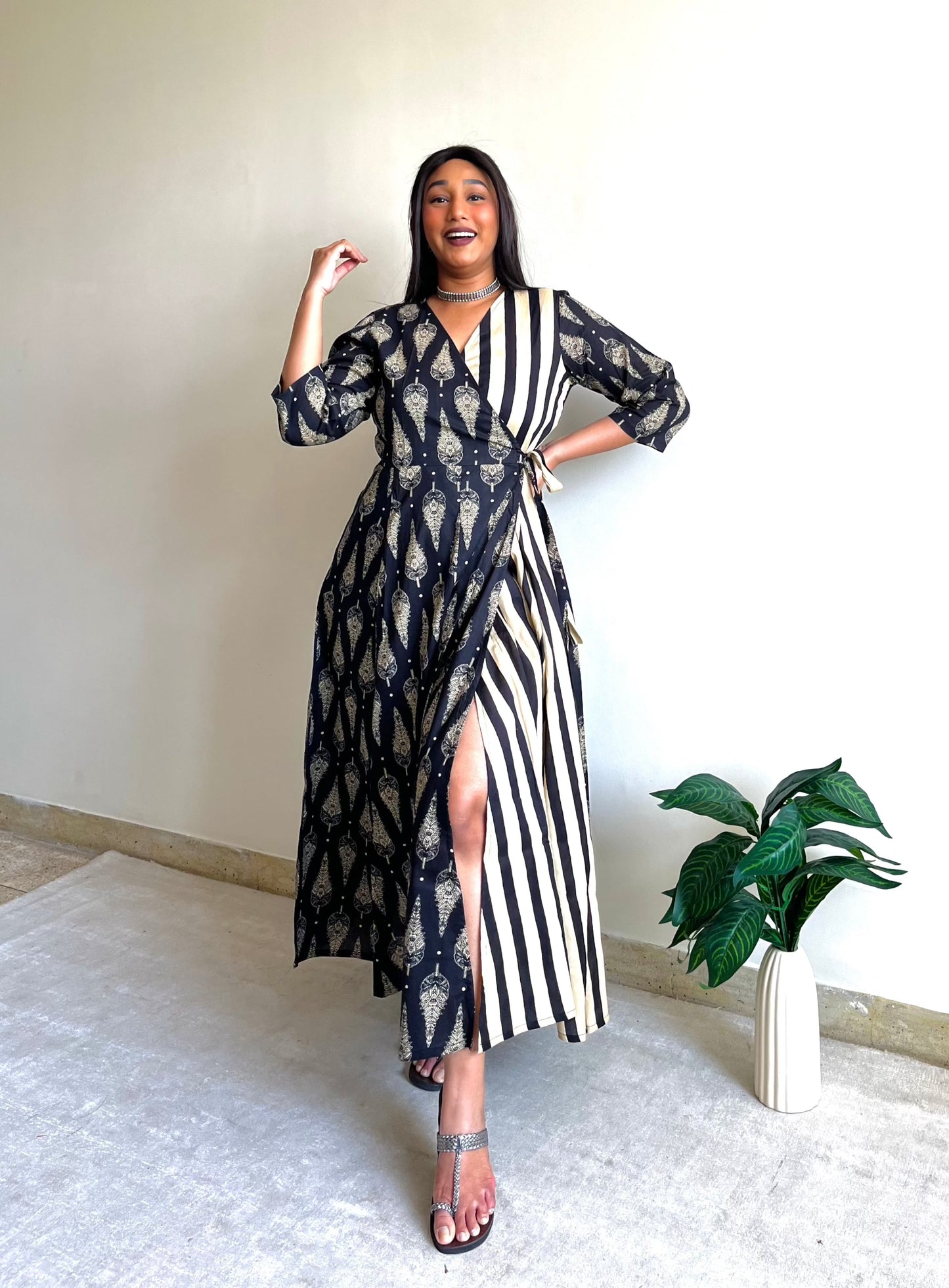 Black Leaf Half & Half Wrap Dress