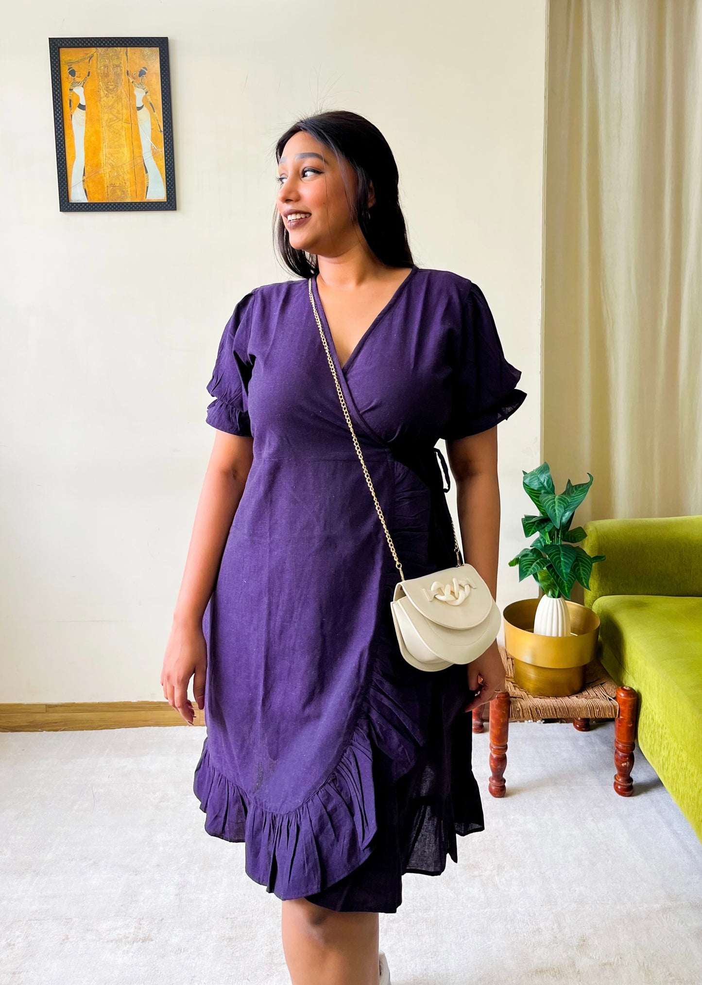 Dark Purple Ruffle Wrap Dress