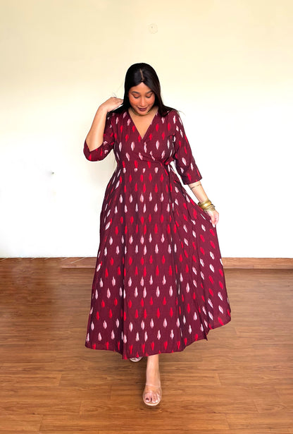 Deep Maroon Ikkat Wrap Dress
