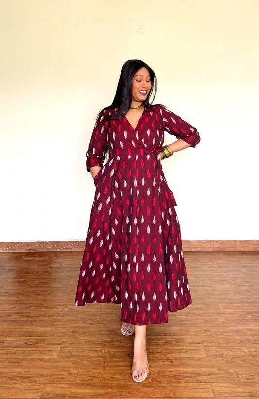 Deep Maroon Ikkat Wrap Dress