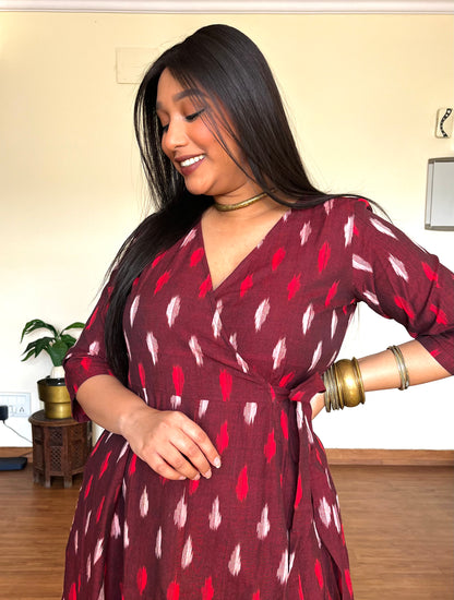 Deep Maroon Ikkat Wrap Dress