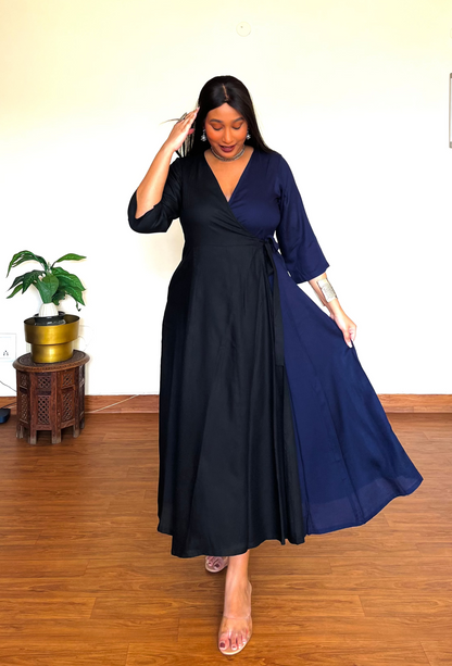Navy Black Rayon Wrap Dress