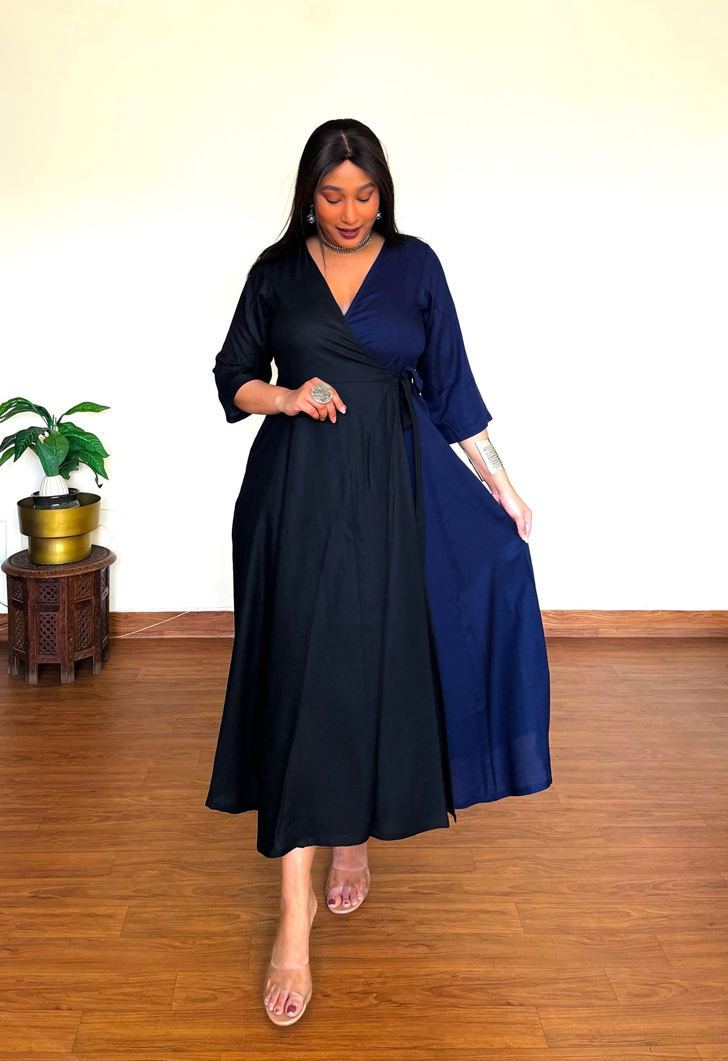 Navy Black Rayon Wrap Dress