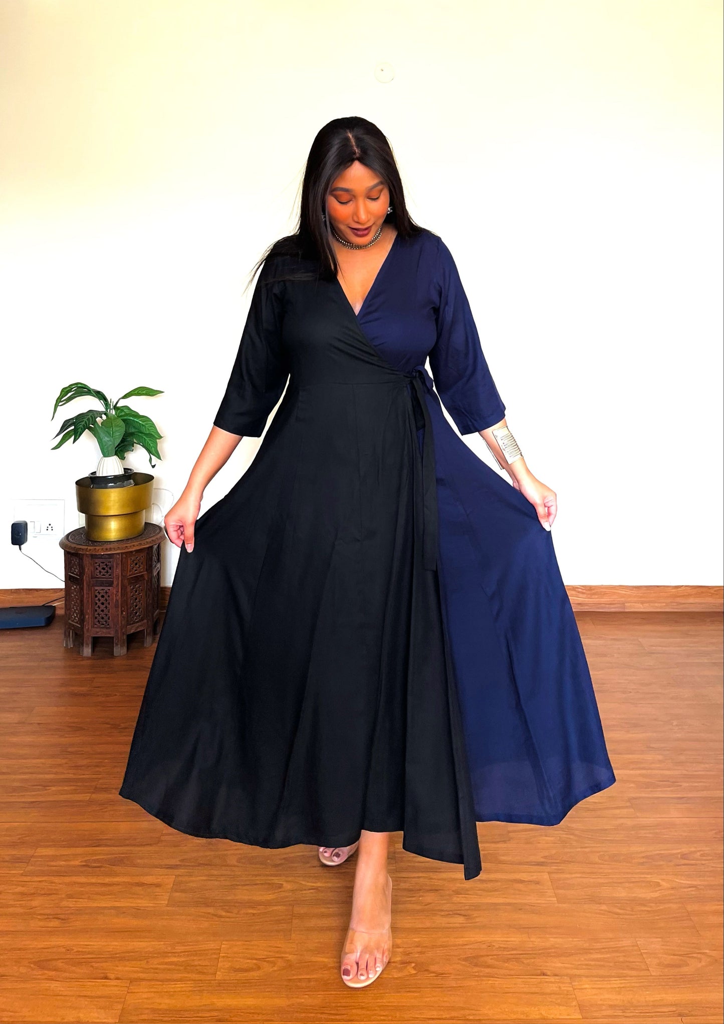 Navy Black Rayon Wrap Dress