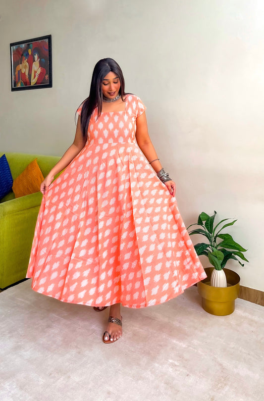 Peach Ikkat Flare Dress (S)