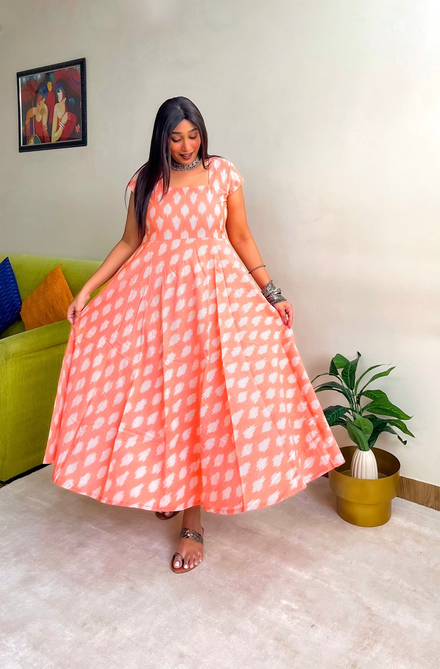Peach Ikkat Flare Dress (S)